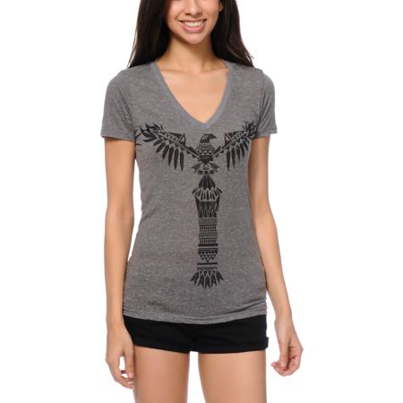 Empyre Girls Totem Heather Charcoal V-Neck Tee Shirt 