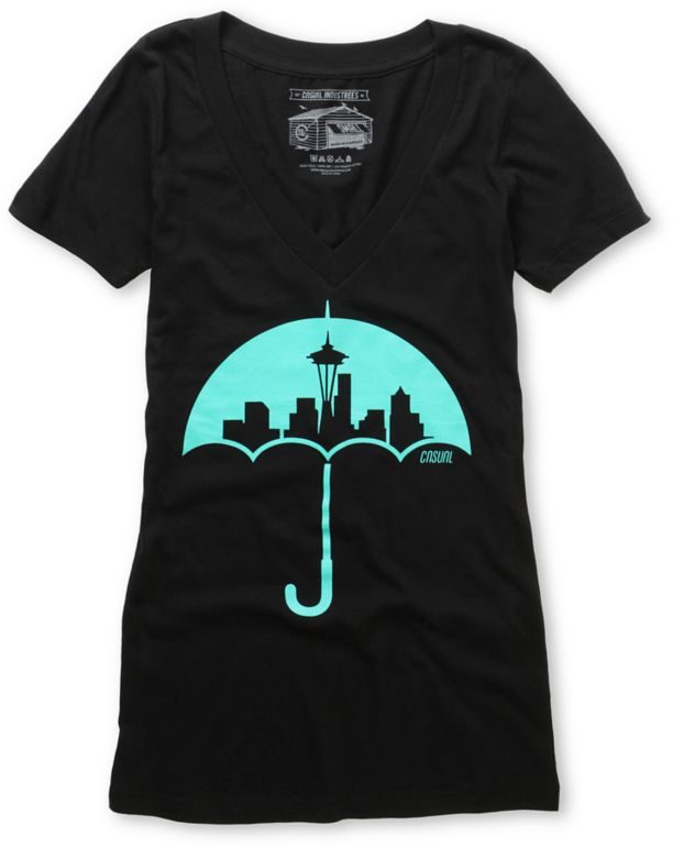 Casual Industrees Umbrella Girls Black V-Neck Tee Shirt