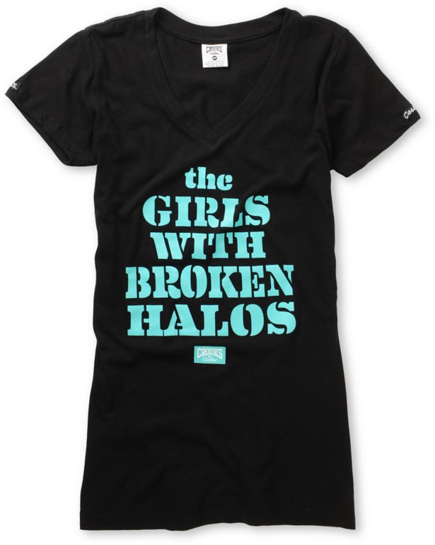 Crooks and Castles Girls Broken Halos Black V-Neck Tee Shirt