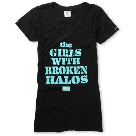 Crooks and Castles Girls Broken Halos Black V-Neck Tee Shirt