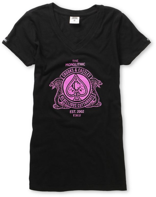 Crooks and Castles Girls Cobra Crest Black V-Neck Tee Shirt