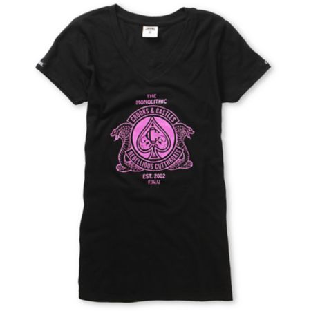 Crooks and Castles Girls Cobra Crest Black V-Neck Tee Shirt