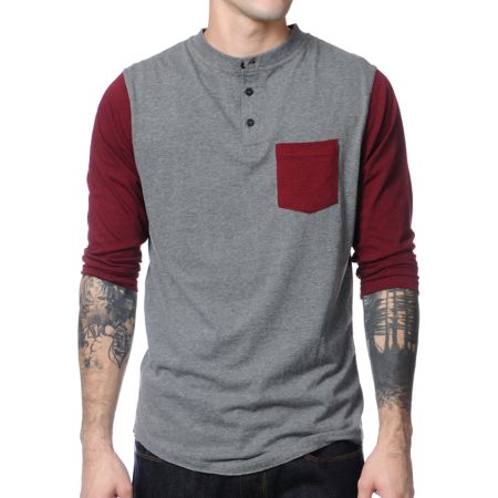 Dravus Pickpocket Grey & Maroon Henley Baseball Tee Shirt