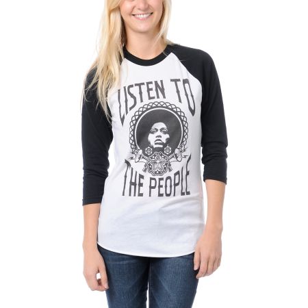 Obey Girls Listen To The People White & Black Baseball Shirt