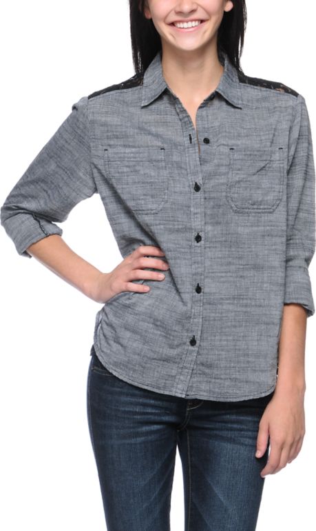 Empyre Girls Chakra Charcoal & Black Button Up Shirt