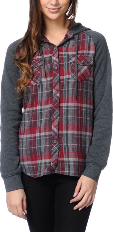 Empyre Girls Sycamore Red Plaid Hooded Flannel Shirt