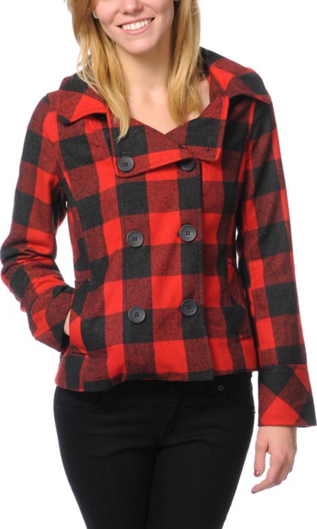 Empyre Girls Alchemy Red & Black Buffalo Plaid Peacoat