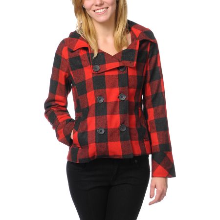 Empyre Girls Alchemy Red & Black Buffalo Plaid Peacoat