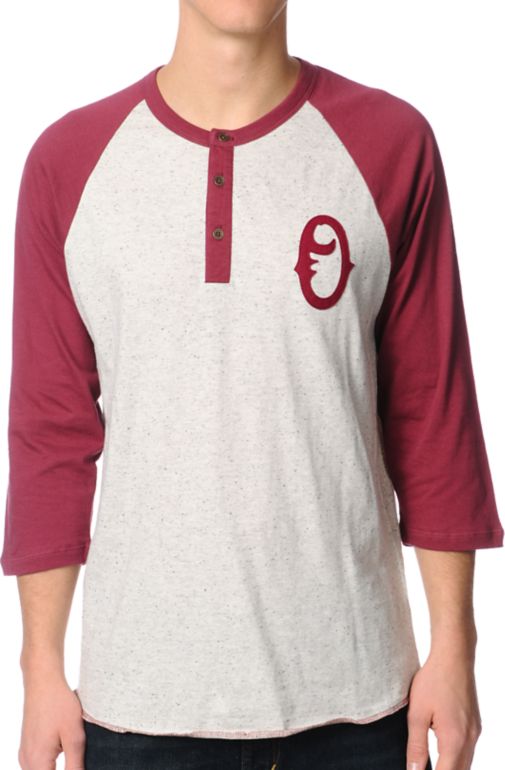 Obey Loaded Burgundy Henley Baseball Tee Shirt