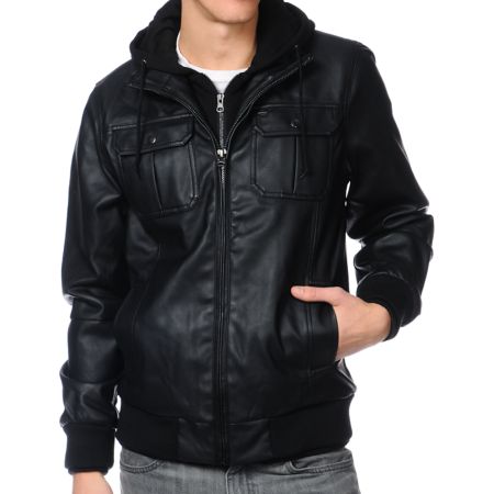 Obey Rapture Black Faux Leather Hooded Jacket