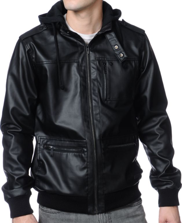 KR3W Wallace 2 Faux Leather Black Hooded Jacket