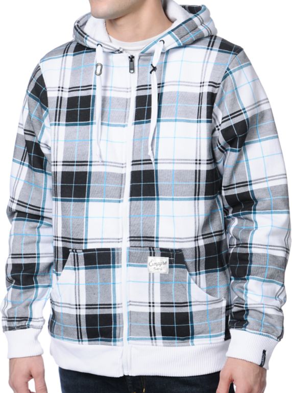 Empyre Hillside White & Grey Plaid Zip Up Hoodie