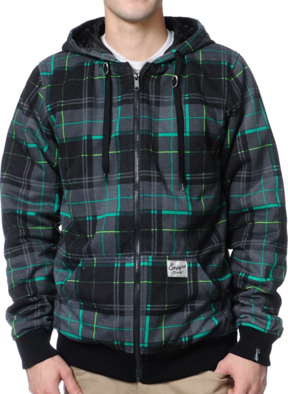 Empyre Leland Black & Green Plaid Taff Zip Up Hoodie