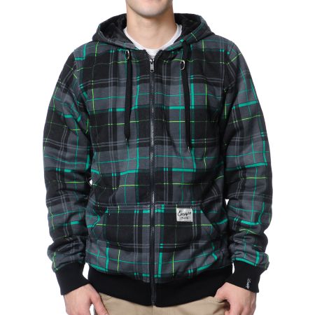 Empyre Leland Black & Green Plaid Taff Zip Up Hoodie