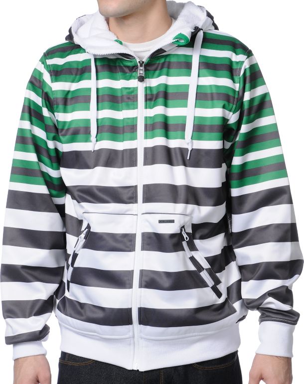 Empyre Bowen White & Green Striped Zip Up Tech Fleece Jacket