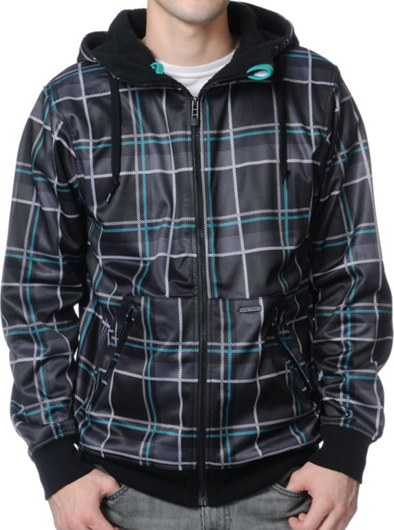 Empyre Decade Black & Teal Plaid Zip Up Tech Fleece Jacket