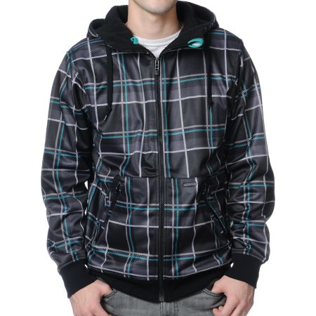 Empyre Decade Black & Teal Plaid Zip Up Tech Fleece Jacket