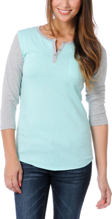 Zine Girls Aruba Blue & Heather Grey Henley Baseball Tee Shirt