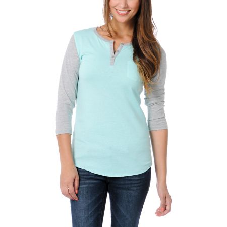 Zine Girls Aruba Blue & Heather Grey Henley Baseball Tee Shirt