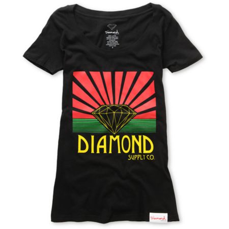 Diamond Supply Girls Shining Black Scoop Neck Tee Shirt