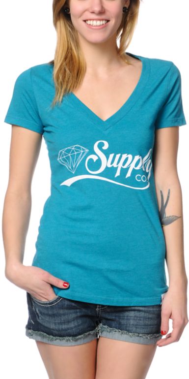 Diamond Supply Girls Diamondaire Teal V-Neck Tee Shirt