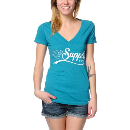 Diamond Supply Girls Diamondaire Teal V-Neck Tee Shirt