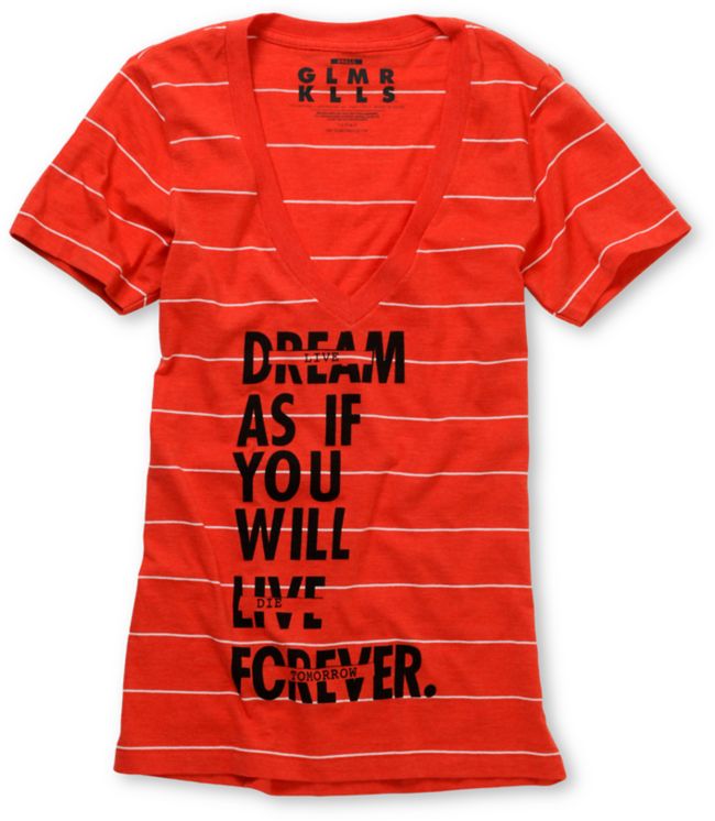 Glamour Kills Live Forever Tomorrow Red Stripe V-Neck Tee Shirt