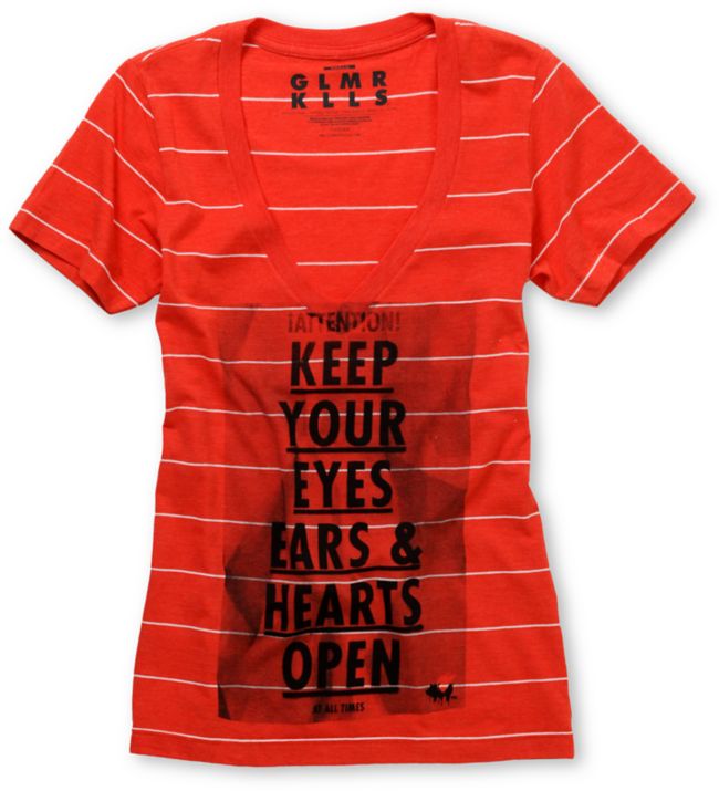Glamour Kills Attention Notice Red Stripe V-Neck Tee Shirt