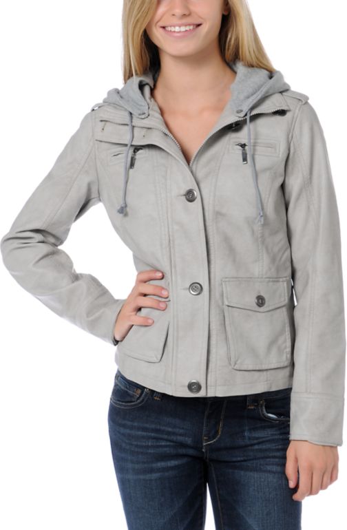 Lost Tuesday Grey Faux Leather Hooded Jacket