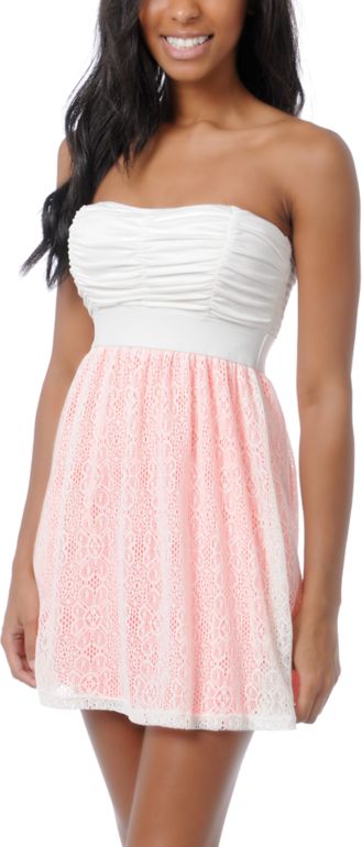 Lunachix Ivory & Neon Pink Crochet Strapless Dress