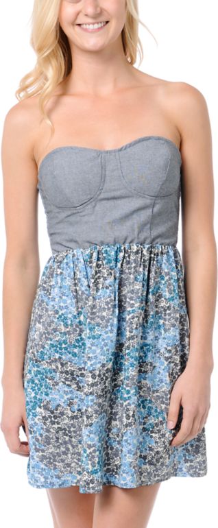 Lunachix Chambray Floral Strapless Dress