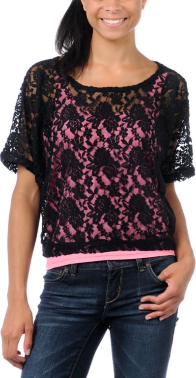 Lunachix Black Lace Crop Tee Shirt