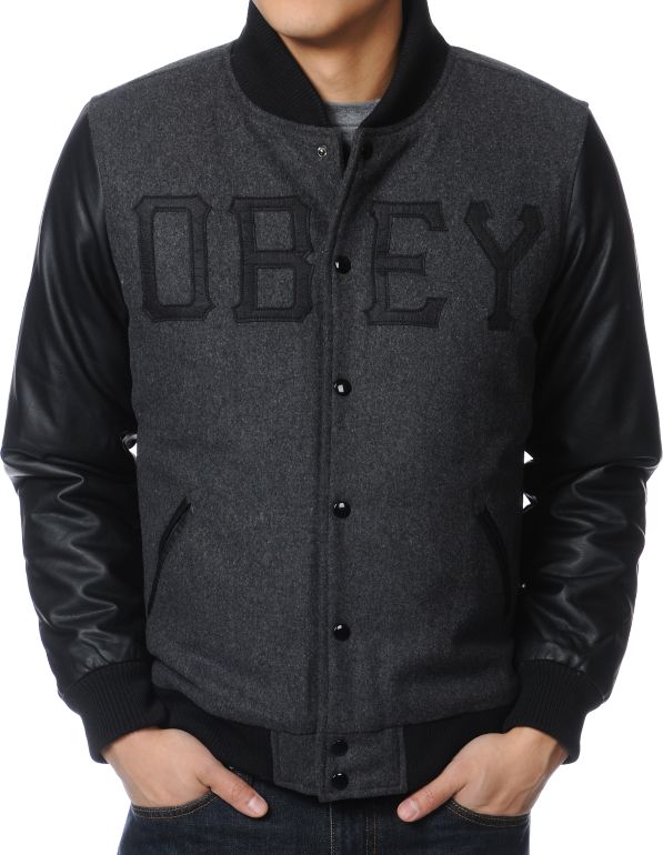 Obey Varsity Font Black Varsity Jacket