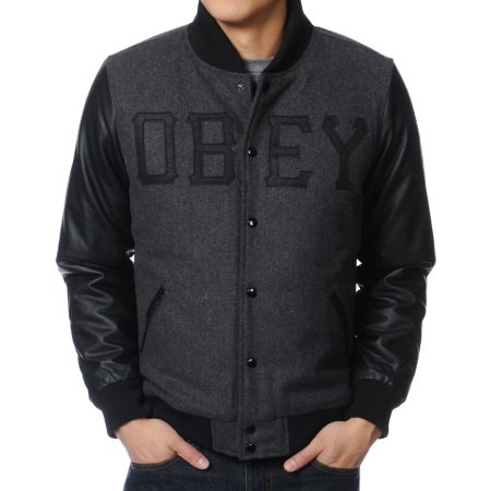 Obey Varsity Font Black Varsity Jacket