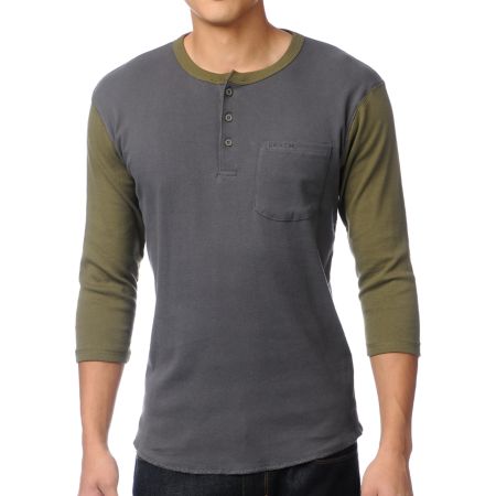 Brixton Detroit Charcoal & Olive Henley Baseball Tee Shirt