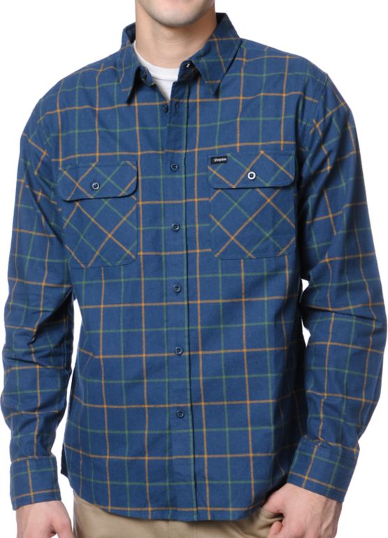 Brixton Bowery Blue Plaid Long Sleeve Button Up Shirt