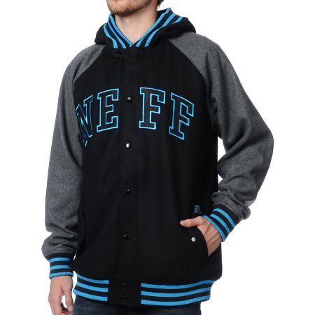 Neff Champ Black & Grey Hooded Varsity Jacket 