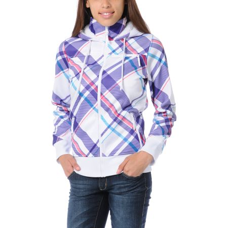 Empyre Girls Timber White & Purple Plaid Full Zip Tech Fleece Jacket
