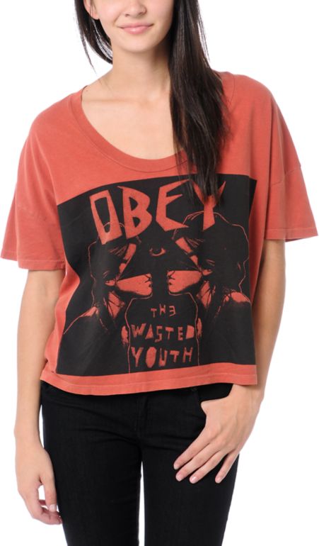 Obey Wasted Youth Rust Orange Vintage Crop Tee Shirt