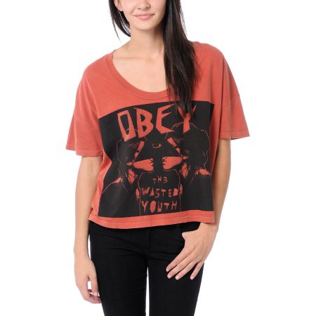 Obey Wasted Youth Rust Orange Vintage Crop Tee Shirt