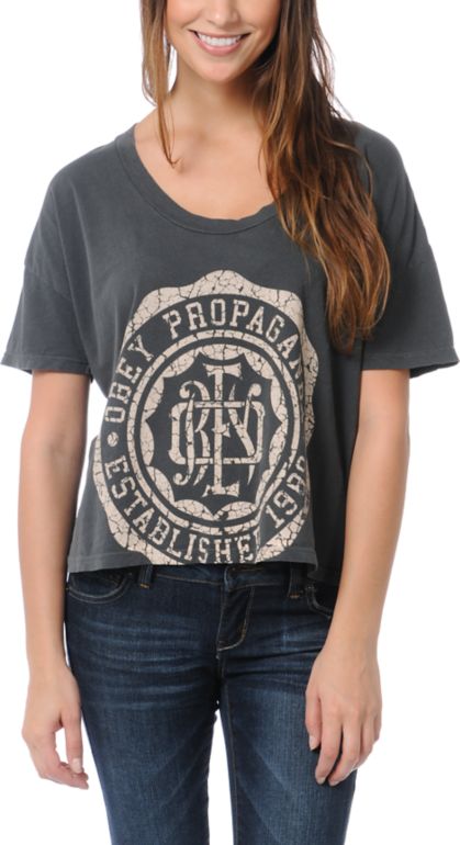 Obey College Crest Charcoal Grey Vintage Crop Tee Shirt