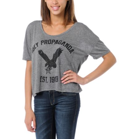 Obey Girls Screaming Eagle Black Mock Twist Gym Tee Shirt