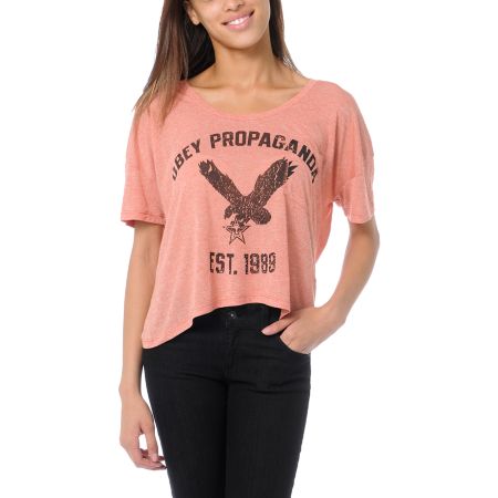Obey Girls Screaming Eagle Red Mock Twist Gym Tee Shirt
