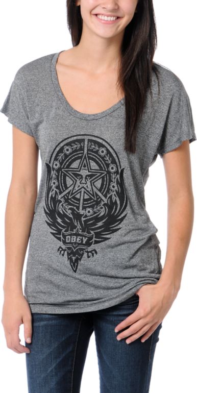 Obey Girls Peace Phoenix Black Mock Twist Tee Shirt