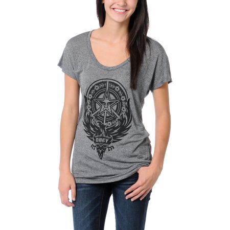 Obey Girls Peace Phoenix Black Mock Twist Tee Shirt