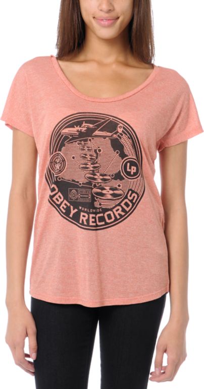 Obey Girls Hi-Fi Records Red Mock Twist Tee Shirt