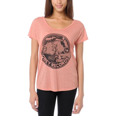 Obey Girls Hi-Fi Records Red Mock Twist Tee Shirt