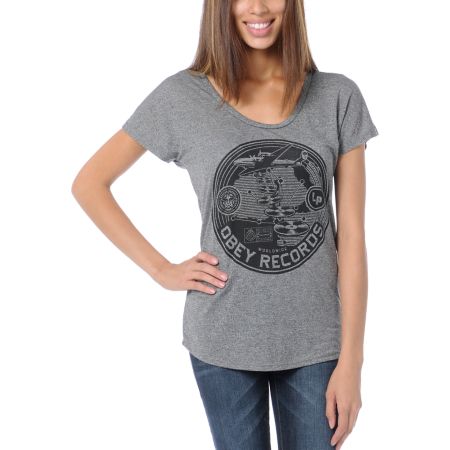Obey Girls Hi-Fi Records Black Mock Twist Tee Shirt