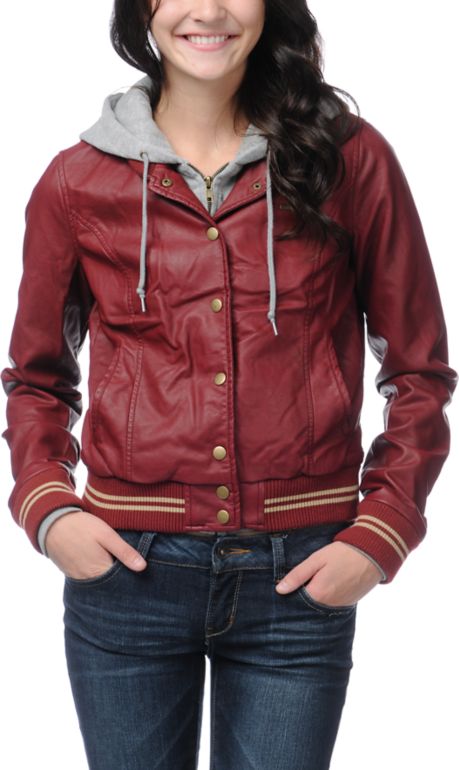 Obey Varsity Lover Burgundy Faux Leather Jacket