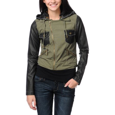 Billabong Girls Rev Up Olive Green Motorcycle Jacket